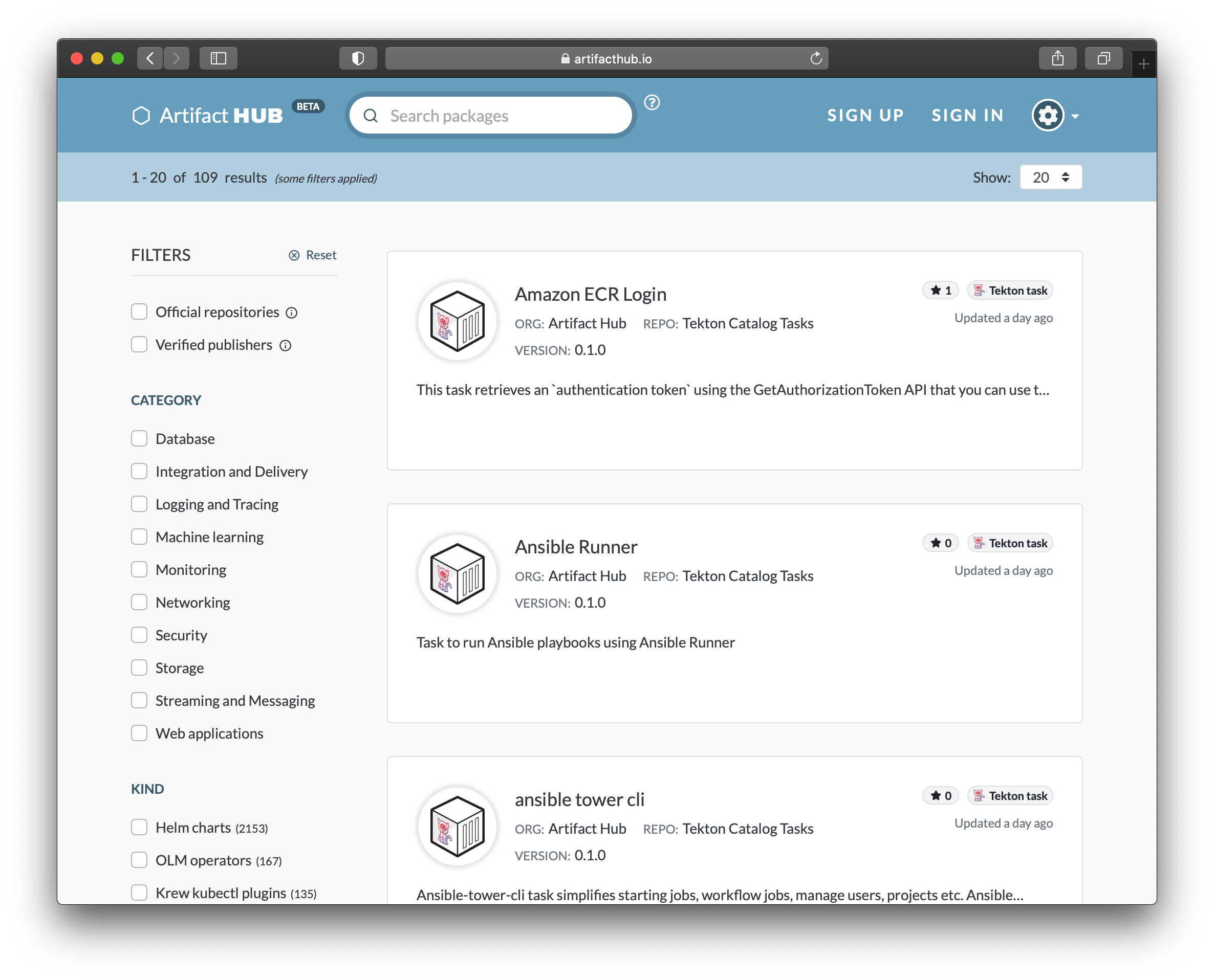 Tekton tasks on Artifact Hub